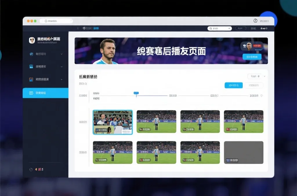 比赛结束后，电视屏幕展示集锦回放页面，旁边有时间轴和多角度切换提示